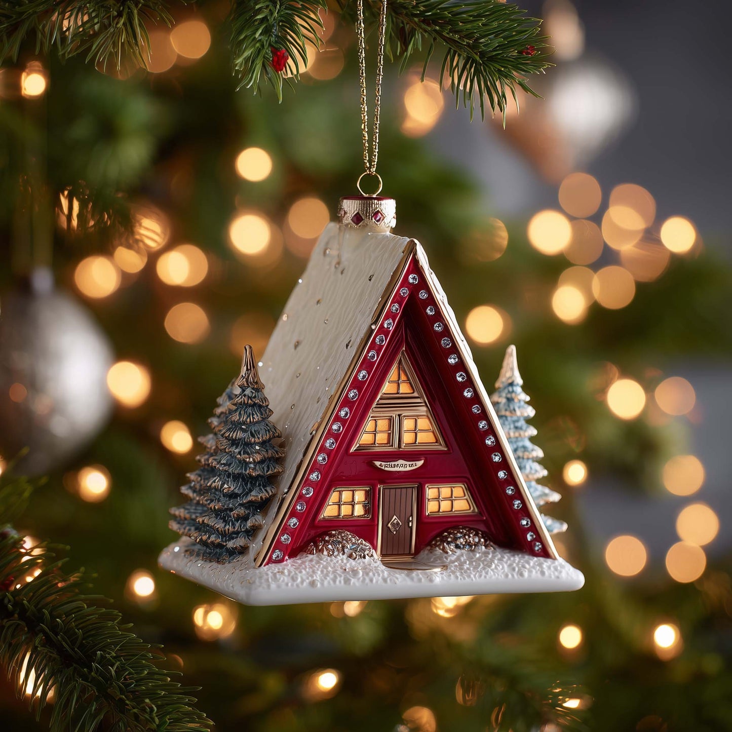 A-frame Cabin Christmas Mica Ornament GFSPQM407
