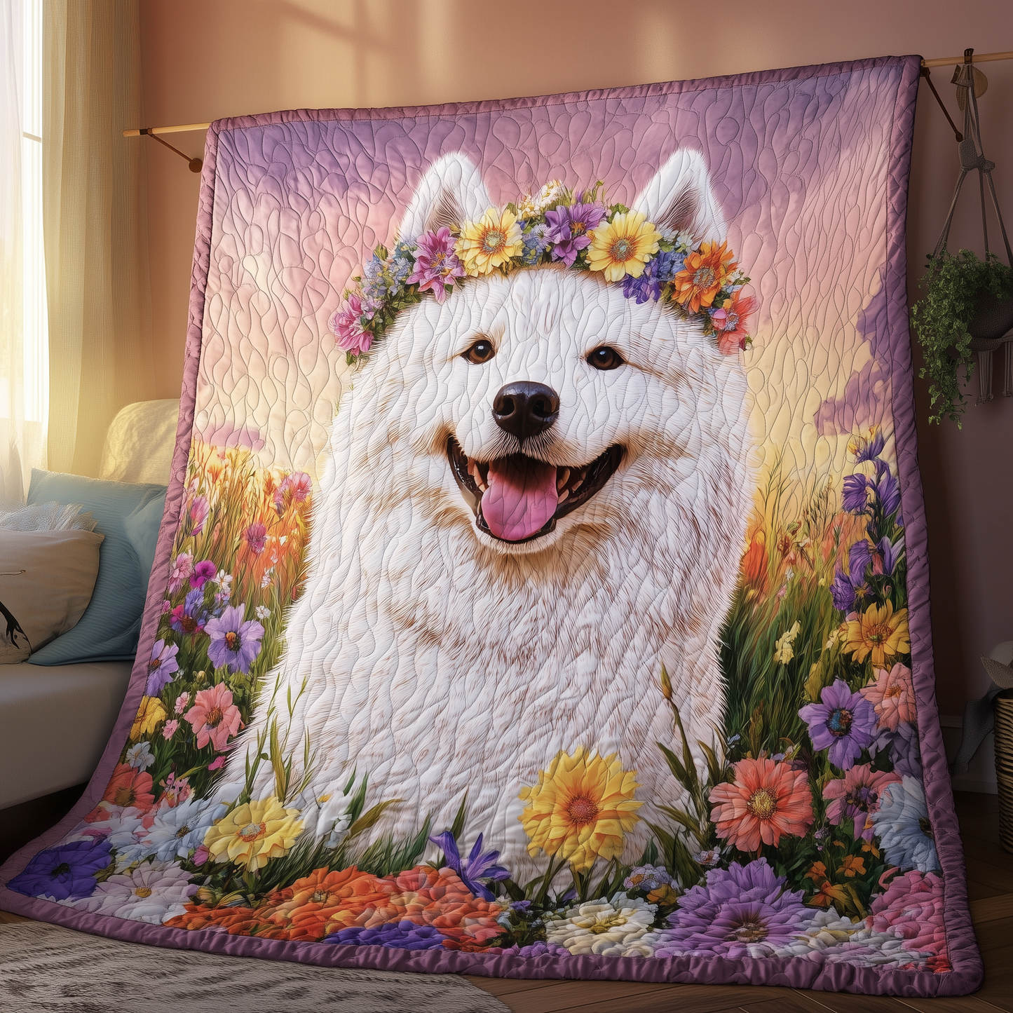 Floral Samoyed Quilted Blanket GFTOAB1546