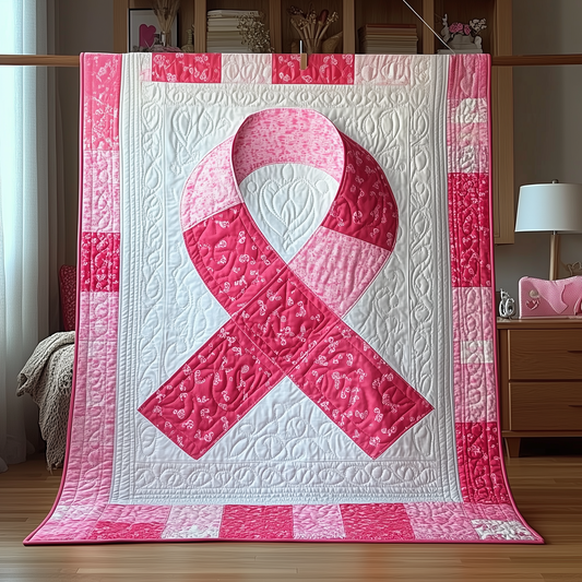 Never Give Up Breast Cancer Ribbon Quilted Blanket GFTOAB1703