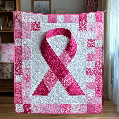 Never Give Up Breast Cancer Ribbon Quilted Blanket GFTOAB1704