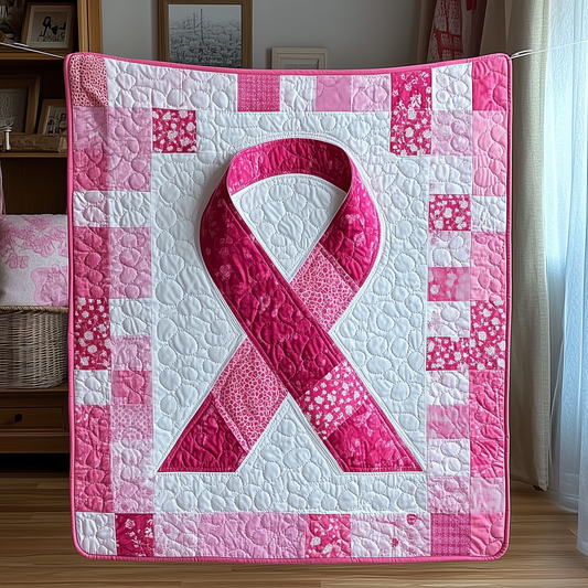 Never Give Up Breast Cancer Ribbon Quilted Blanket GFTOAB1704