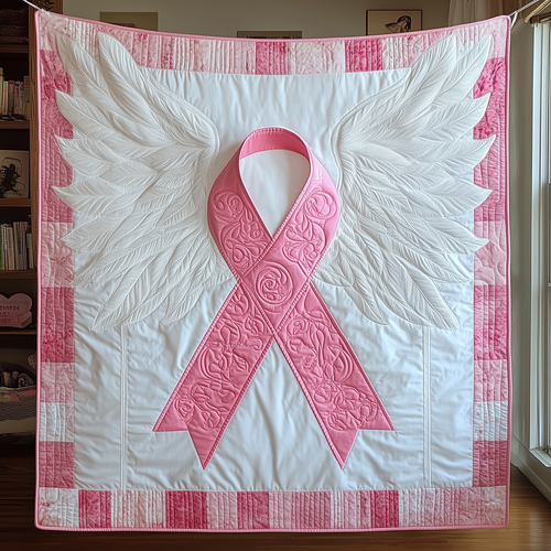 Never Give Up Breast Cancer Ribbon Quilted Blanket GFTOAB1707