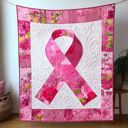 Never Give Up Breast Cancer Ribbon Quilted Blanket GFTOAB1708