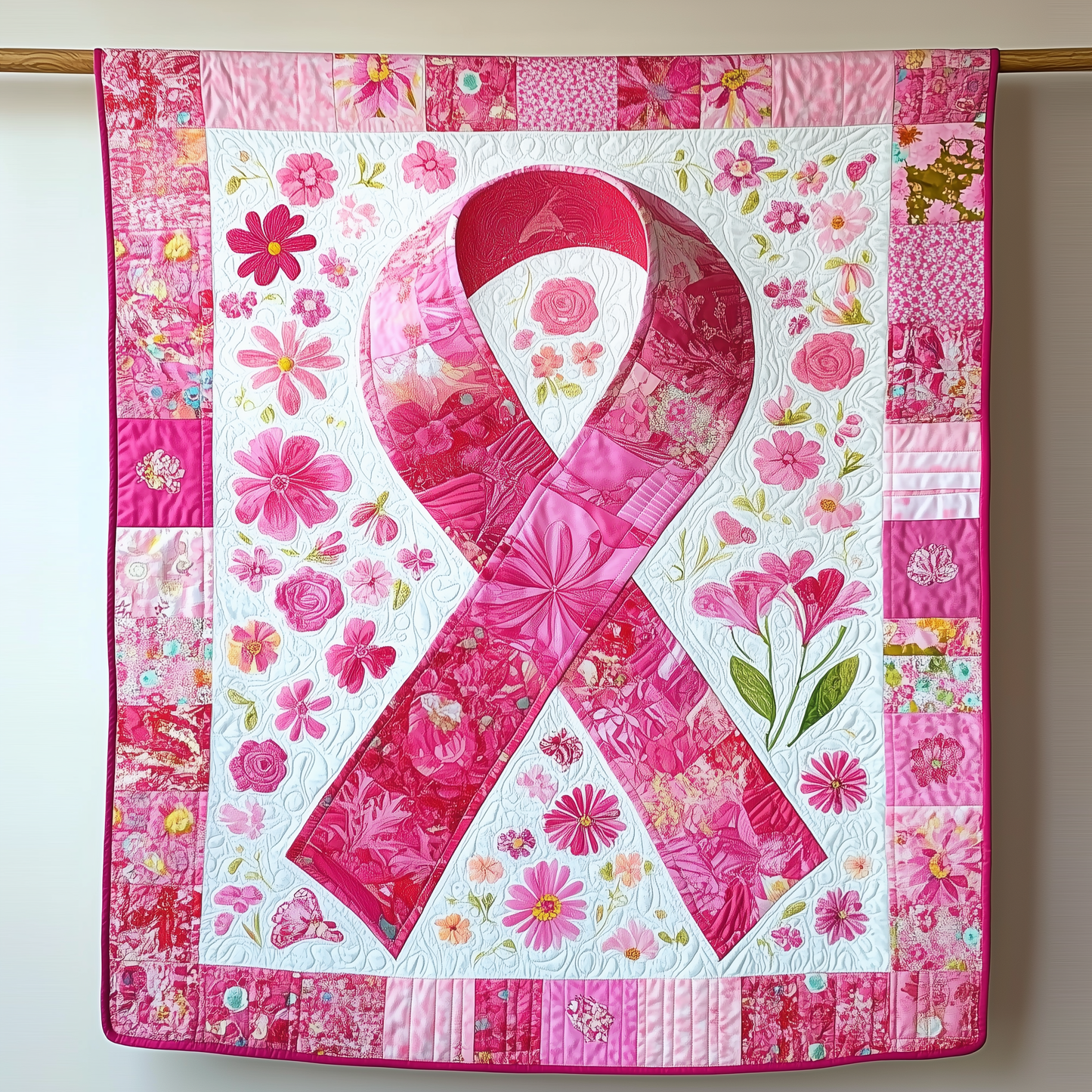 Never Give Up Breast Cancer Ribbon Quilted Blanket GFTOAB1709
