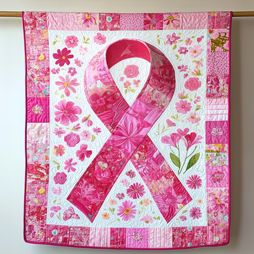 Never Give Up Breast Cancer Ribbon Quilted Blanket GFTOAB1709