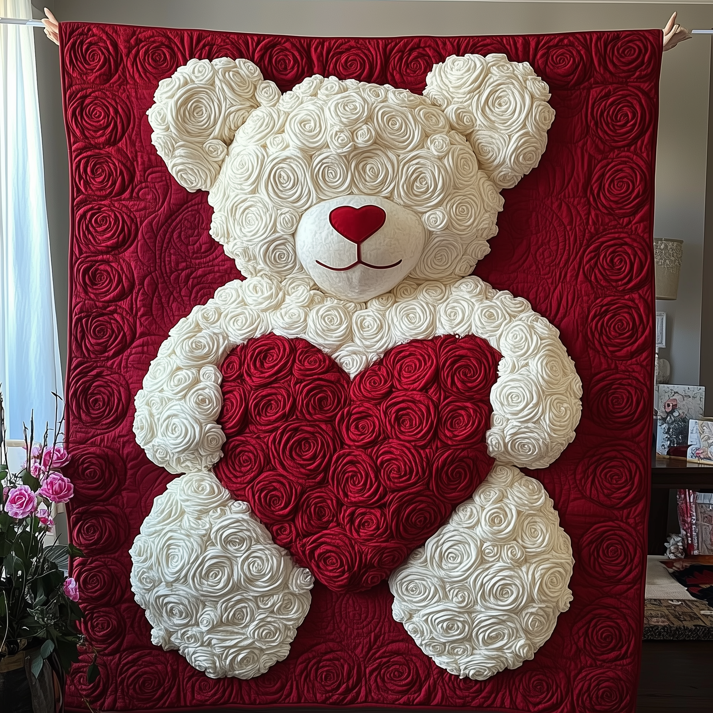 White Roses Love Bear Quilted Blanket GFTOAB1988