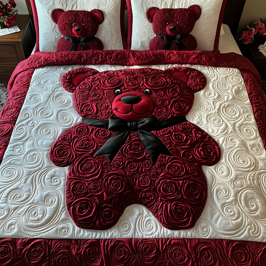Red Roses Love Bear 3-Piece Quilted Bedding Set GFTOAB2151