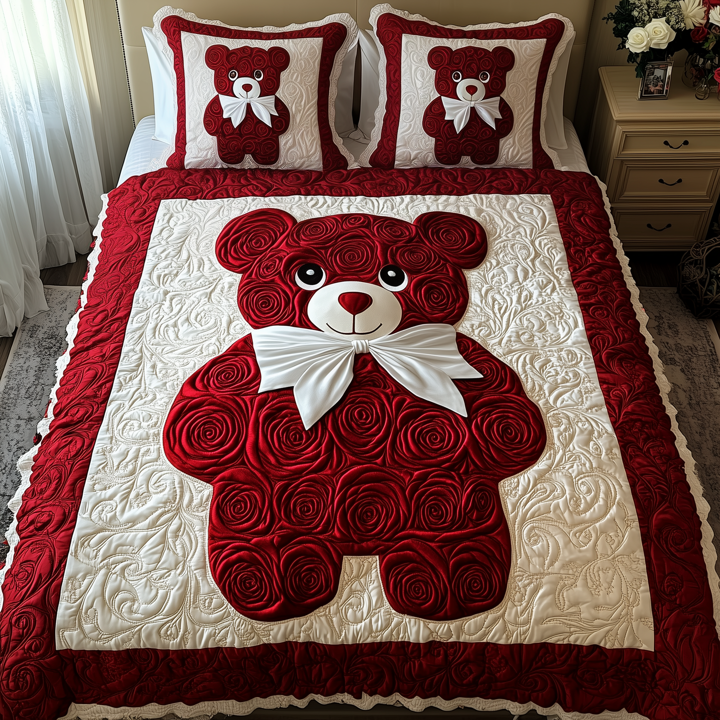 Red Roses Love Bear 3-Piece Quilted Bedding Set GFTOAB2152
