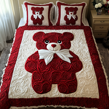 Red Roses Love Bear 3-Piece Quilted Bedding Set GFTOAB2152
