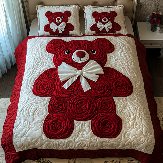 Red Roses Love Bear 3-Piece Quilted Bedding Set GFTOAB2153