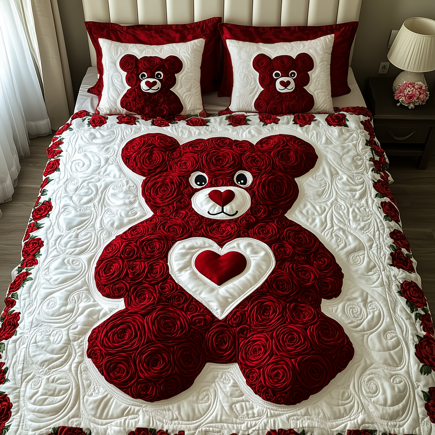Red Roses Love Bear 3-Piece Quilted Bedding Set GFTOAB2154
