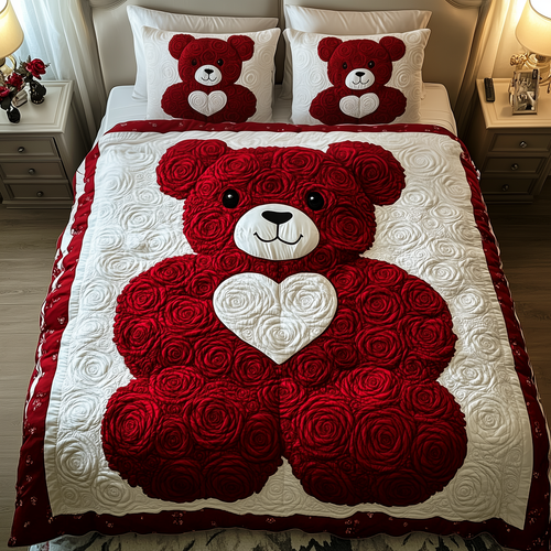 Red Roses Love Bear 3-Piece Quilted Bedding Set GFTOAB2155