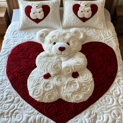 White Roses Love Bear 3-Piece Quilted Bedding Set GFTOAB2156