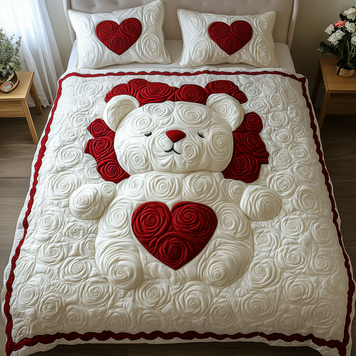 White Roses Love Bear 3-Piece Quilted Bedding Set GFTOAB2157