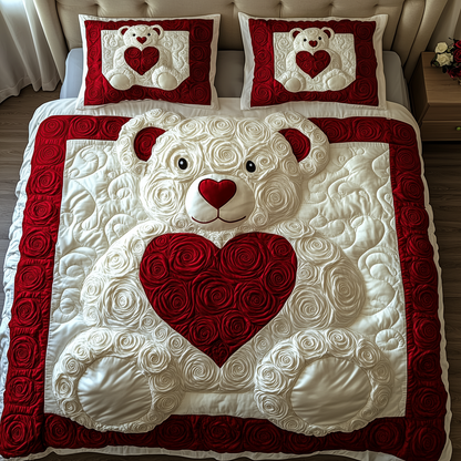 White Roses Love Bear 3-Piece Quilted Bedding Set GFTOAB2158