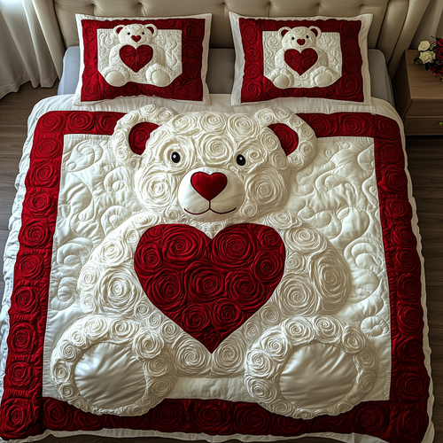 White Roses Love Bear 3-Piece Quilted Bedding Set GFTOAB2158