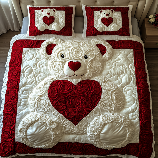 White Roses Love Bear 3-Piece Quilted Bedding Set GFTOAB2158