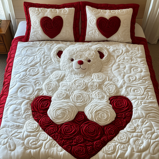 White Roses Love Bear 3-Piece Quilted Bedding Set GFTOAB2159
