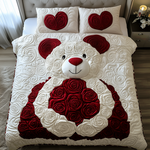 White Roses Love Bear 3-Piece Quilted Bedding Set GFTOAB2160