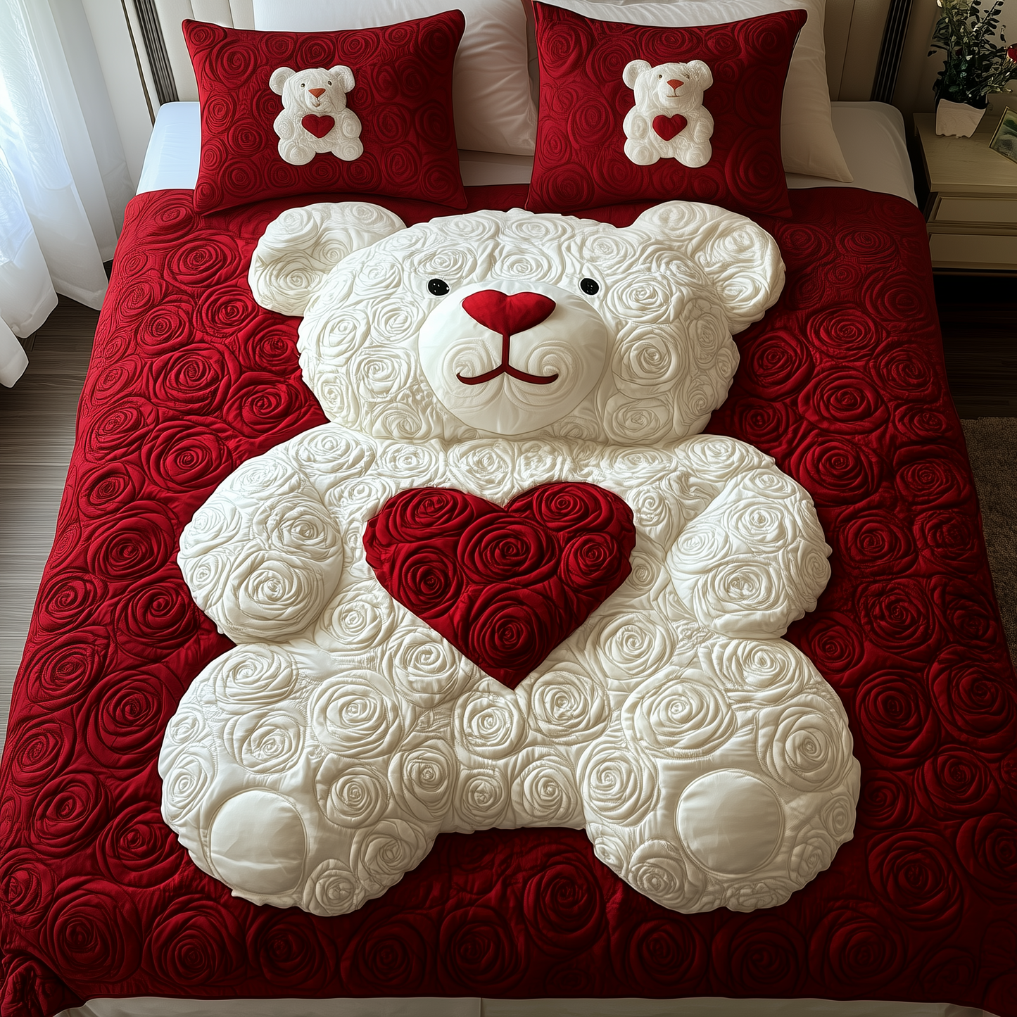 White Roses Love Bear 3-Piece Quilted Bedding Set GFTOAB2161