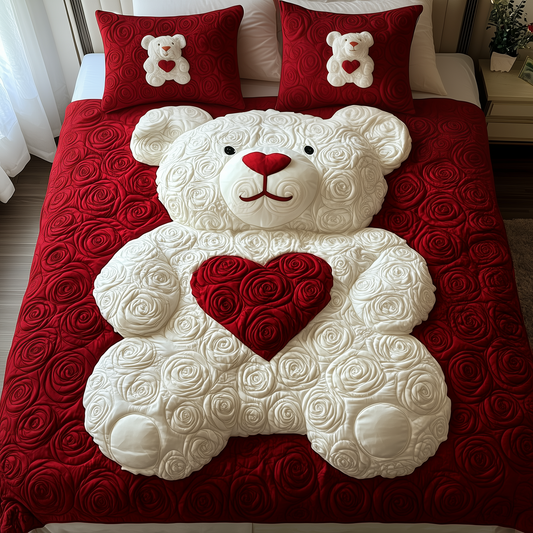 White Roses Love Bear 3-Piece Quilted Bedding Set GFTOAB2161