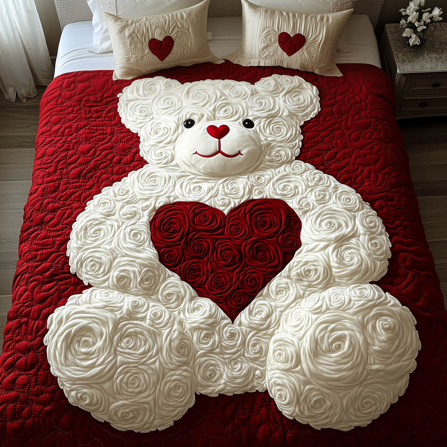 White Roses Love Bear 3-Piece Quilted Bedding Set GFTOAB2162