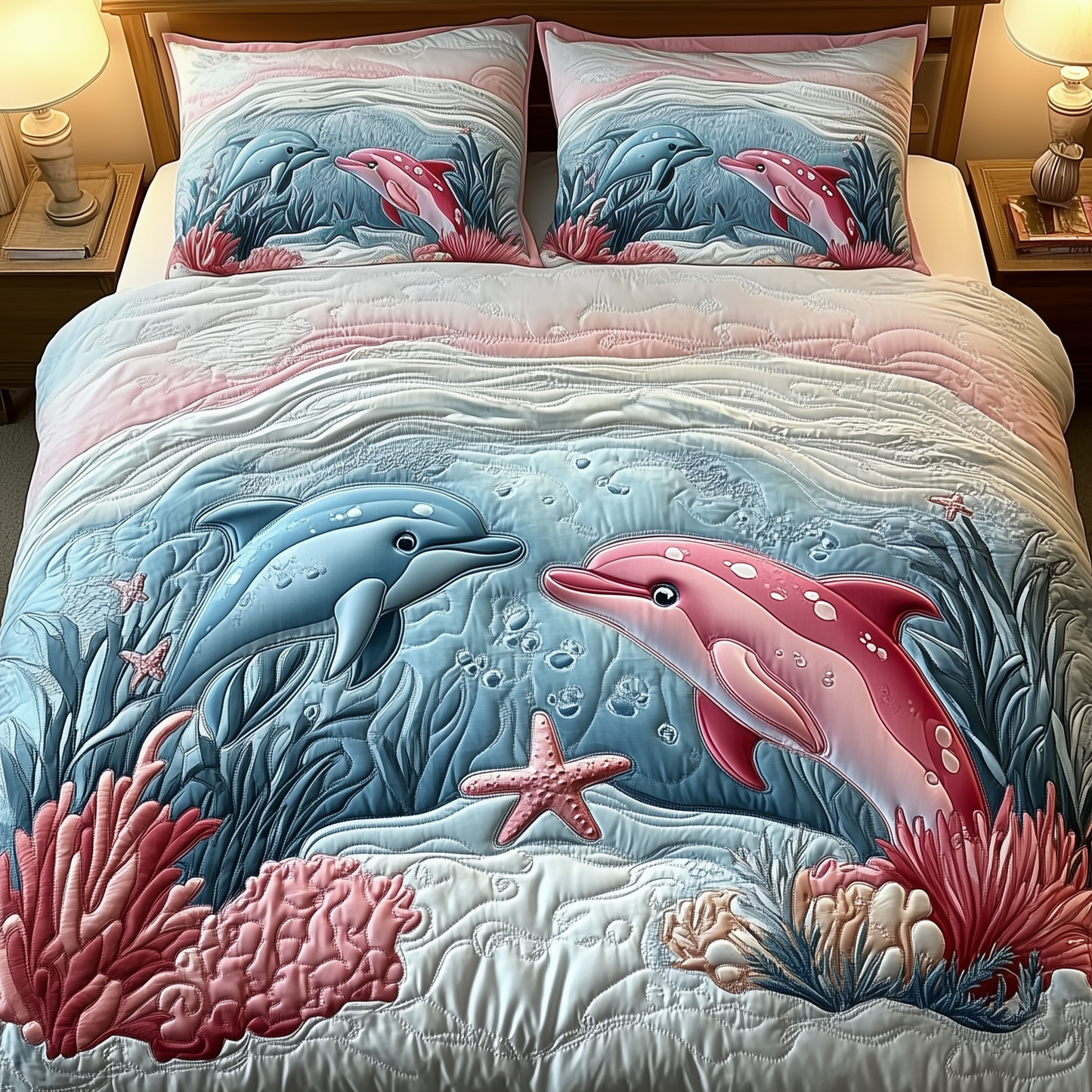 Lovely Dolphin Couple 3-Piece Quilted Bedding Set GFTOAB2204