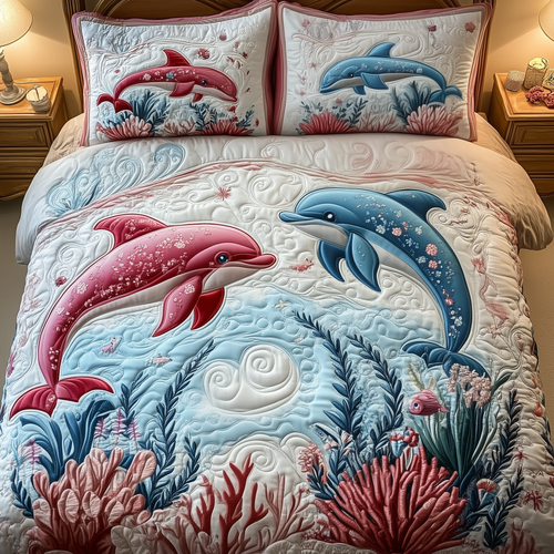 Lovely Dolphin Couple 3-Piece Quilted Bedding Set GFTOAB2205
