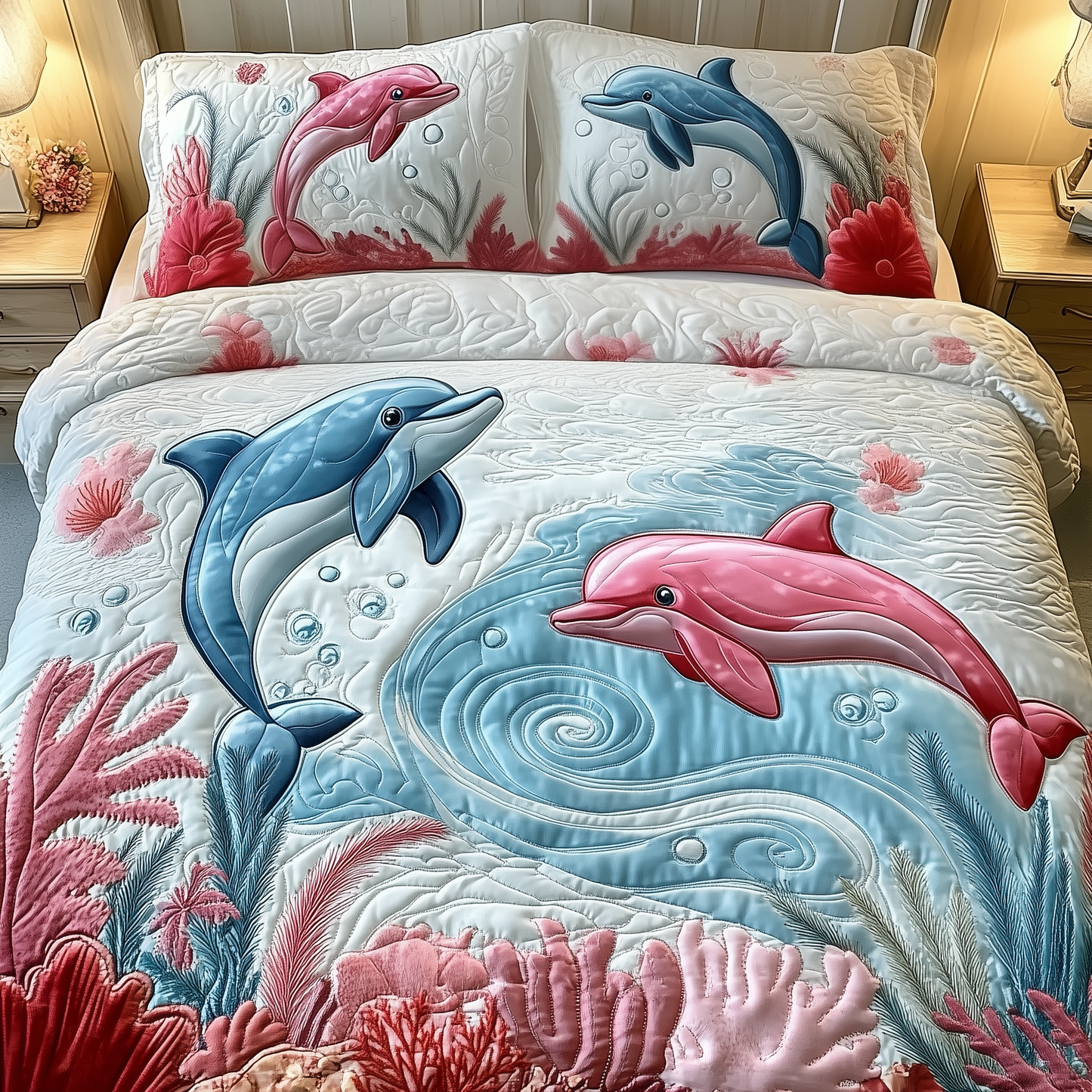 Lovely Dolphin Couple 3-Piece Quilted Bedding Set GFTOAB2206