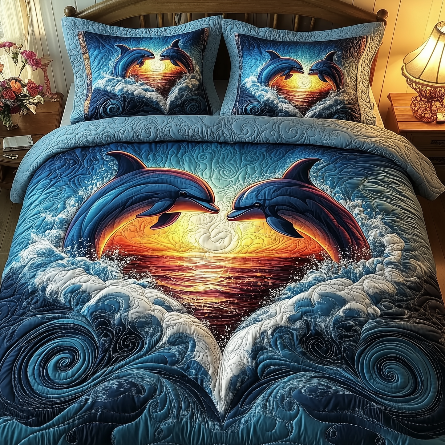 Dolphin Couple 3-Piece Quilted Bedding Set GFTOAB2213