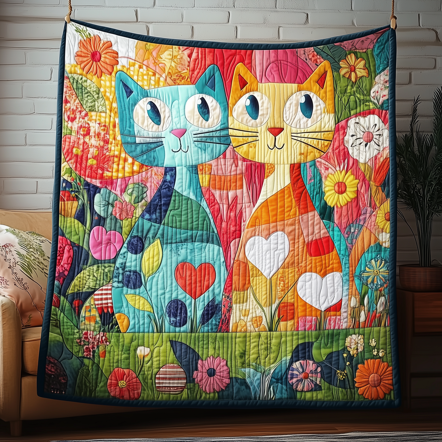 Whimsical Cat Couple Quilted Blanket GFTOAB2236