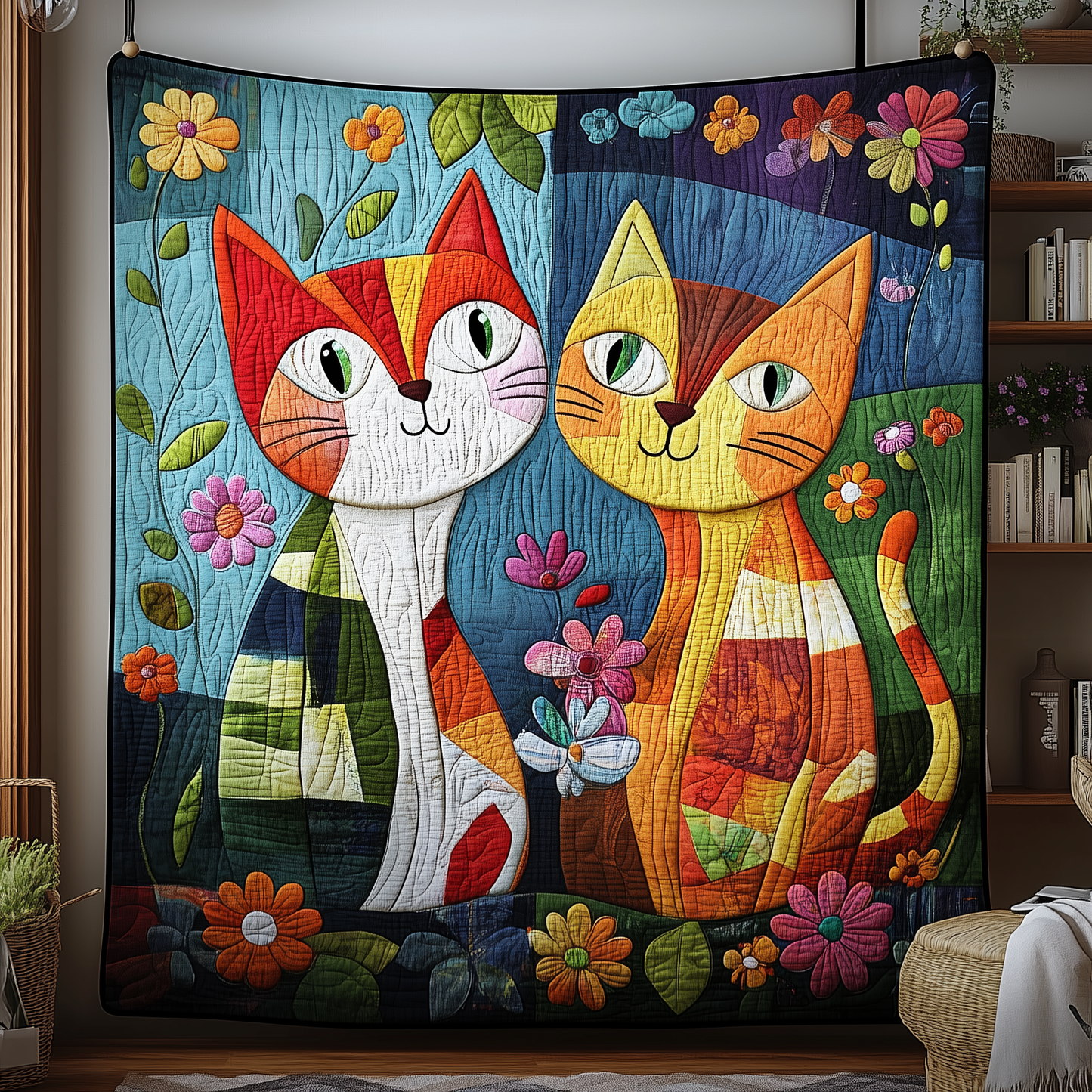 Whimsical Cat Couple Quilted Blanket GFTOAB2239