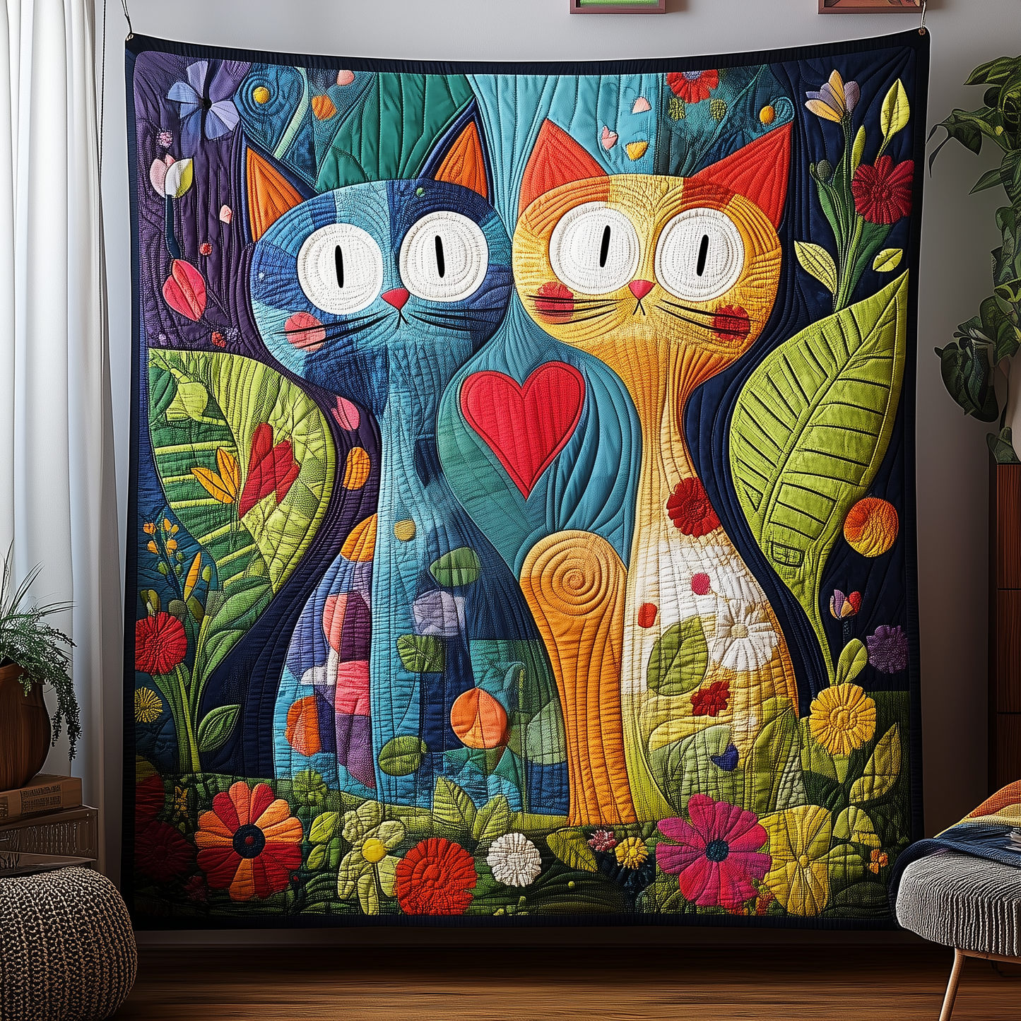 Whimsical Cat Couple Quilted Blanket GFTOAB2241