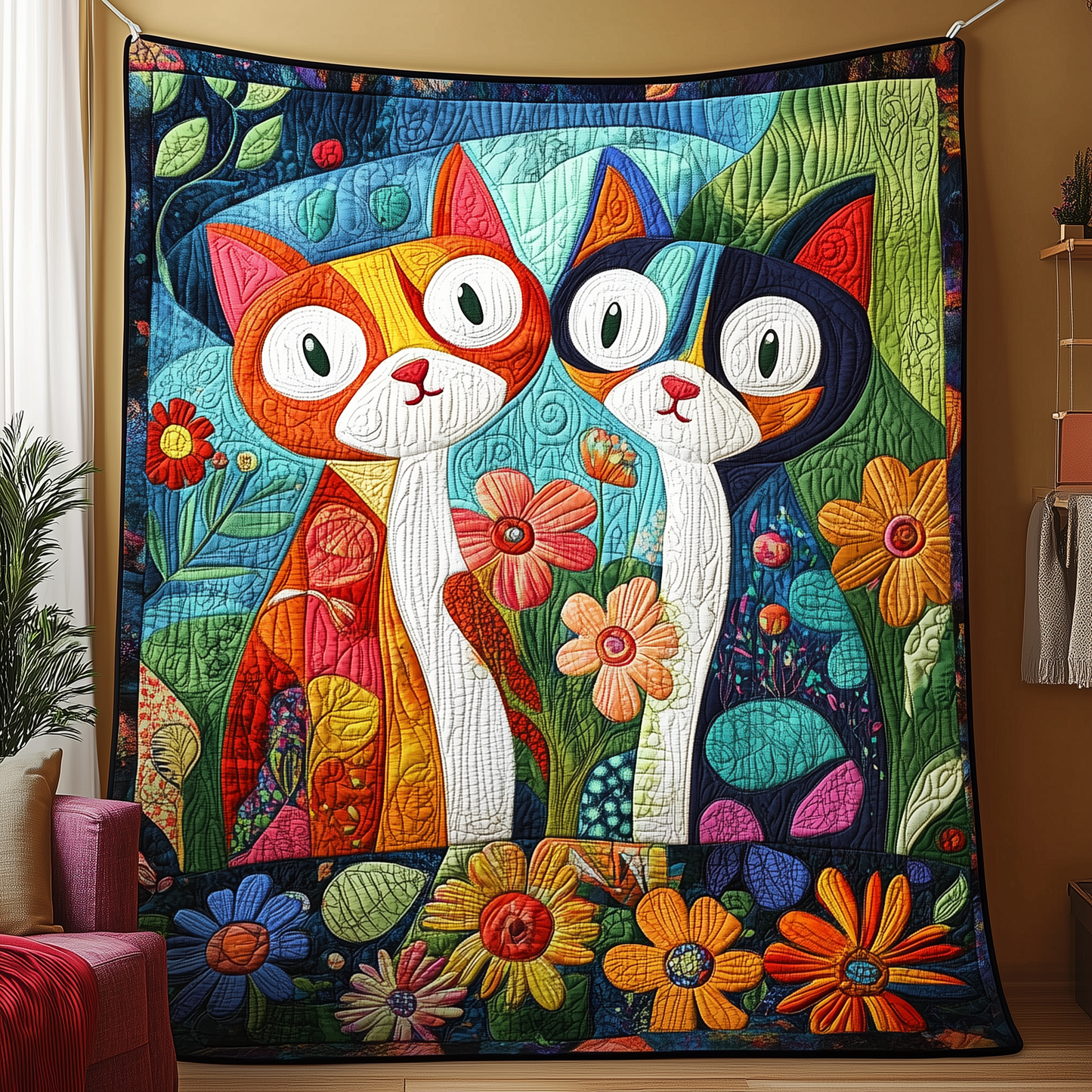 Whimsical Cat Couple Quilted Blanket GFTOAB2244