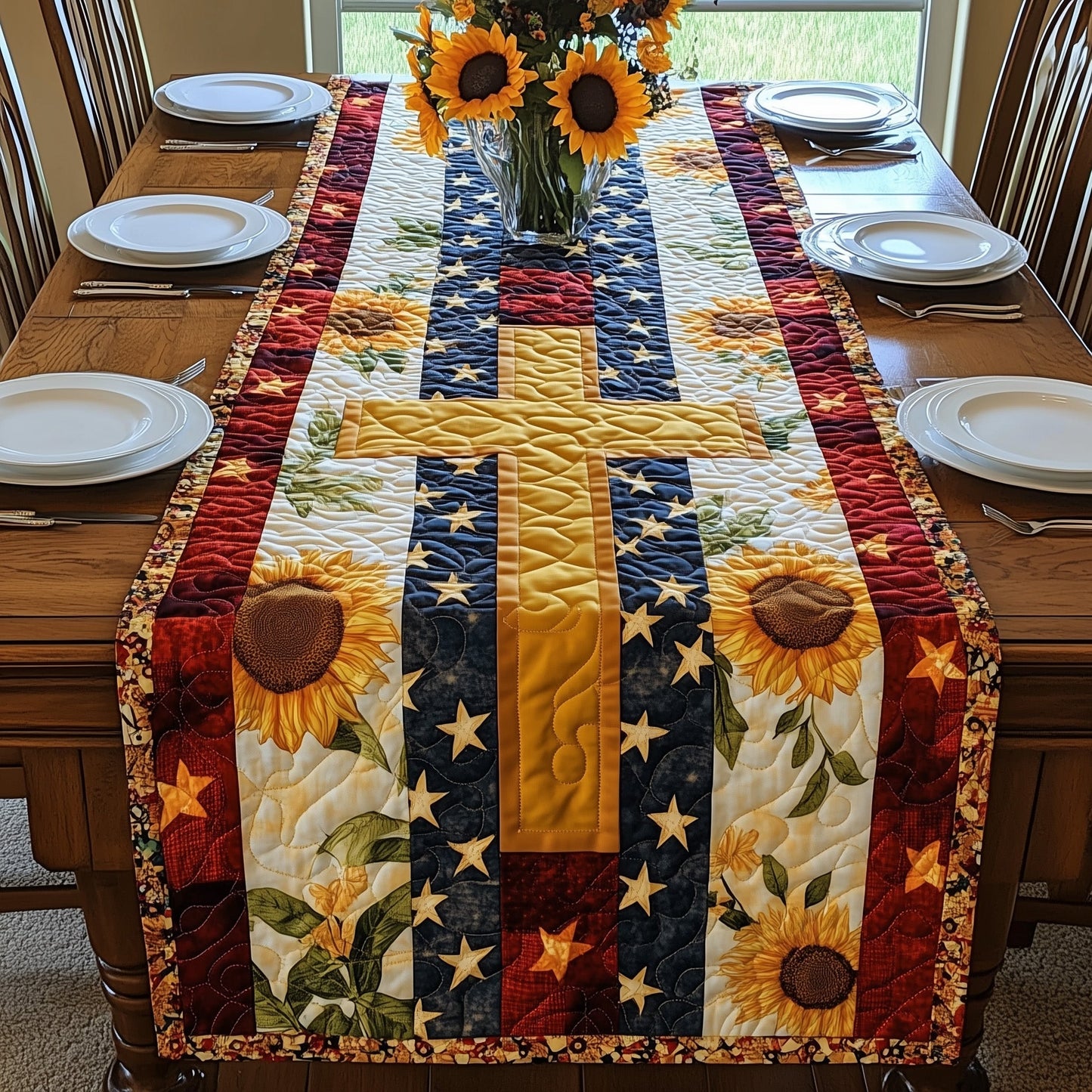 Patriotic Sunflower Quilted Table Runner GFTOAB4334