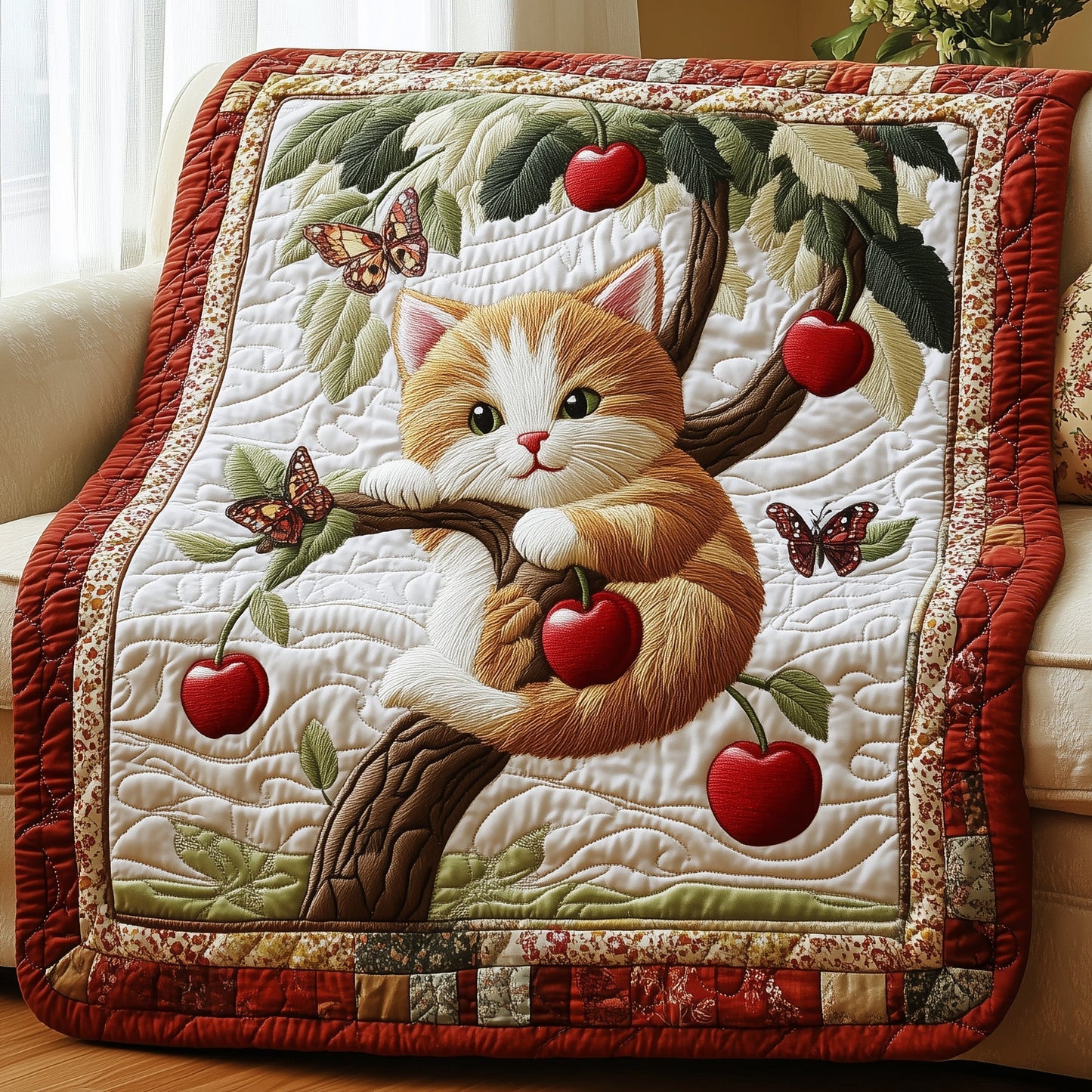 Whiskers in the Orchard Quilted Blanket GFTOAB4364