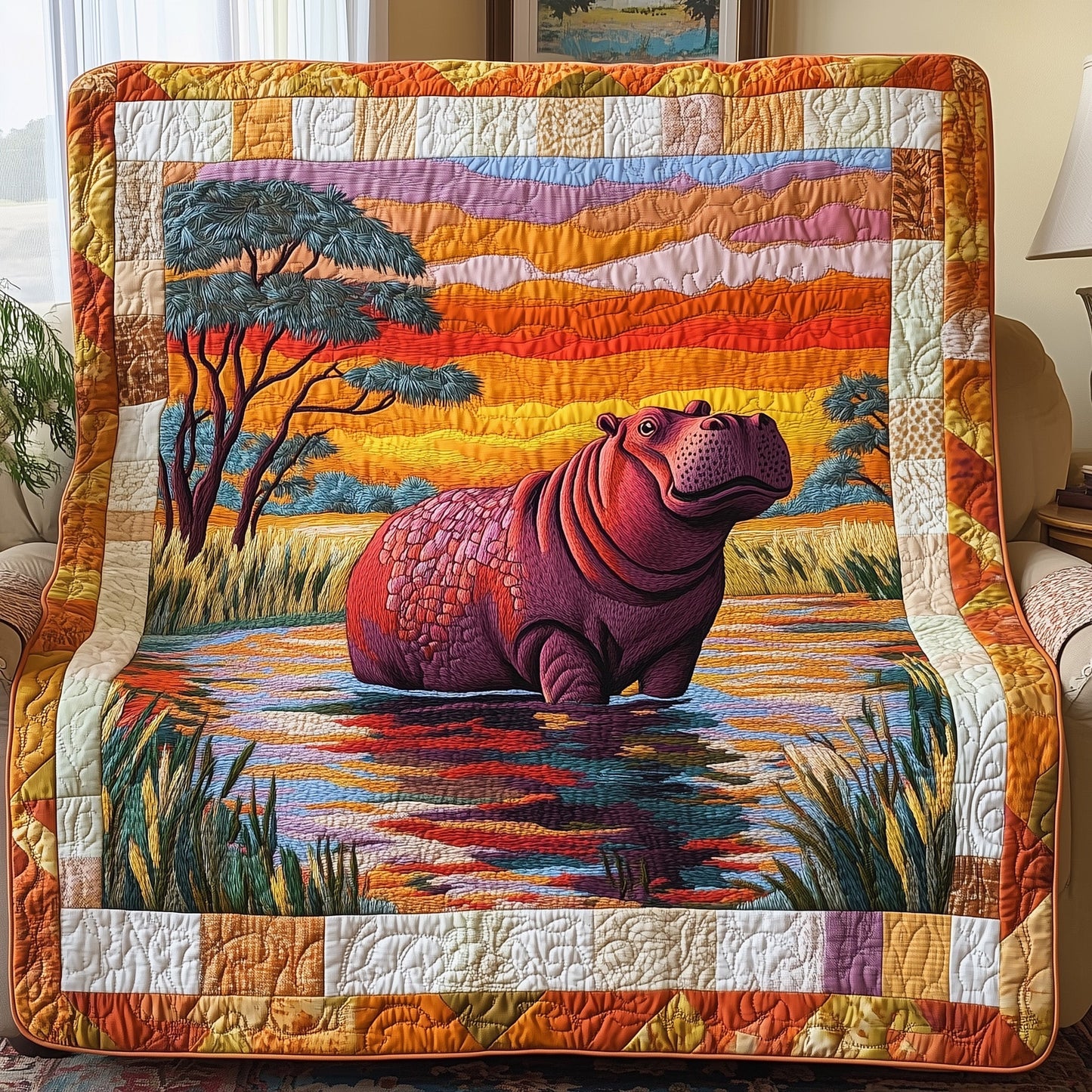 African Hippo Quilted Blanket GFTOAB4624
