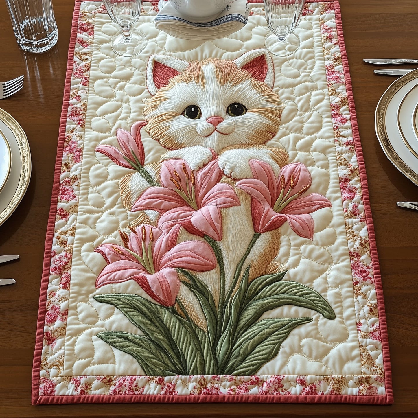 Cat Among Lilies Quilted Table Runner GFTOAB4932