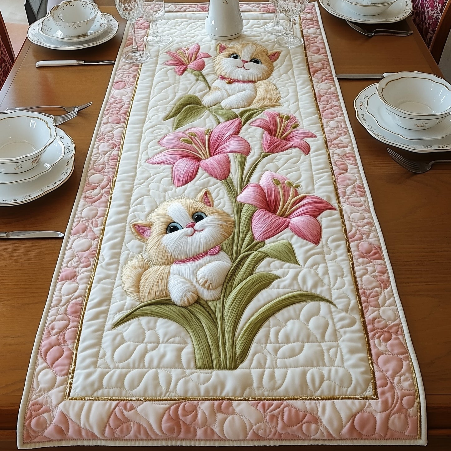 Cat Among Lilies Quilted Table Runner GFTOAB4956