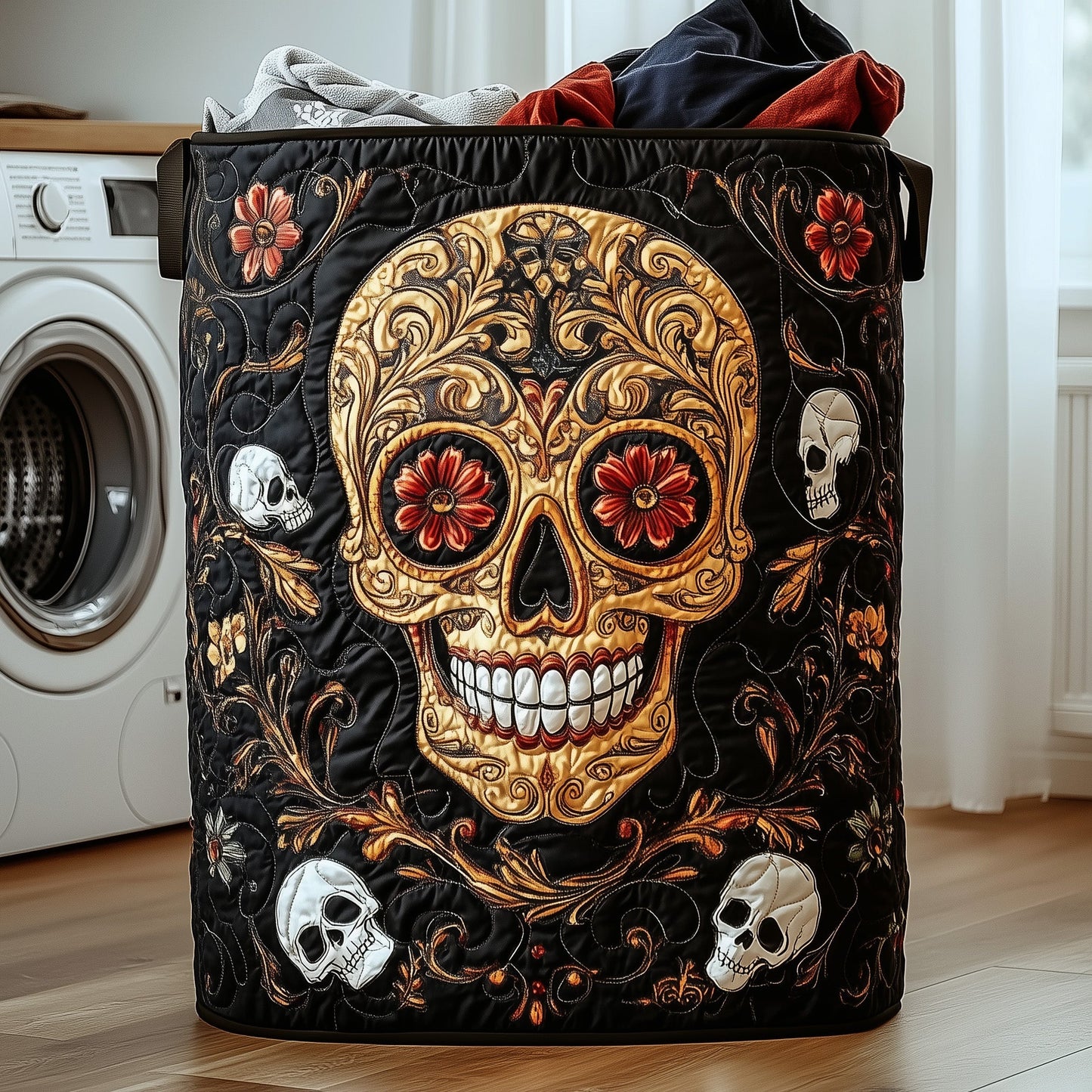 Elegant Golden Skull Quilted Laundry Basket GFTOHD10050