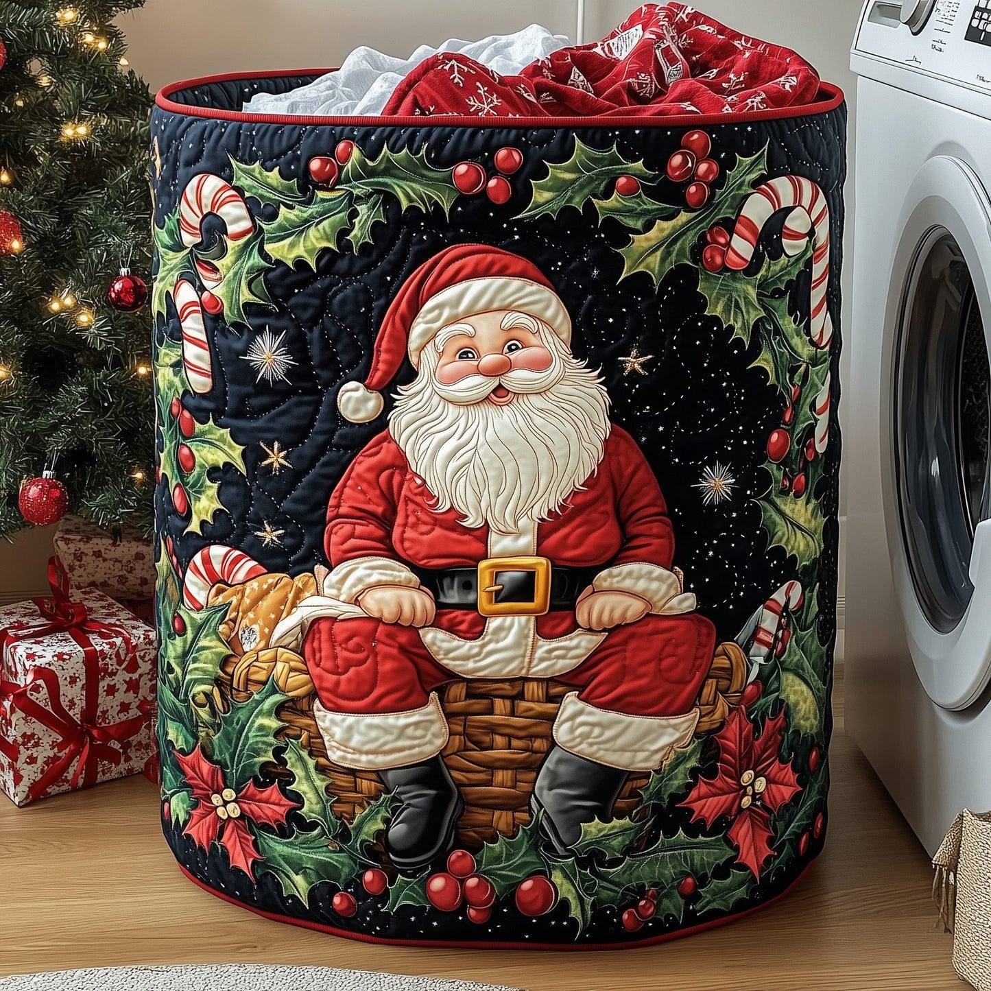 Santa Holiday Cheer Quilted Laundry Basket GFTOHD10145