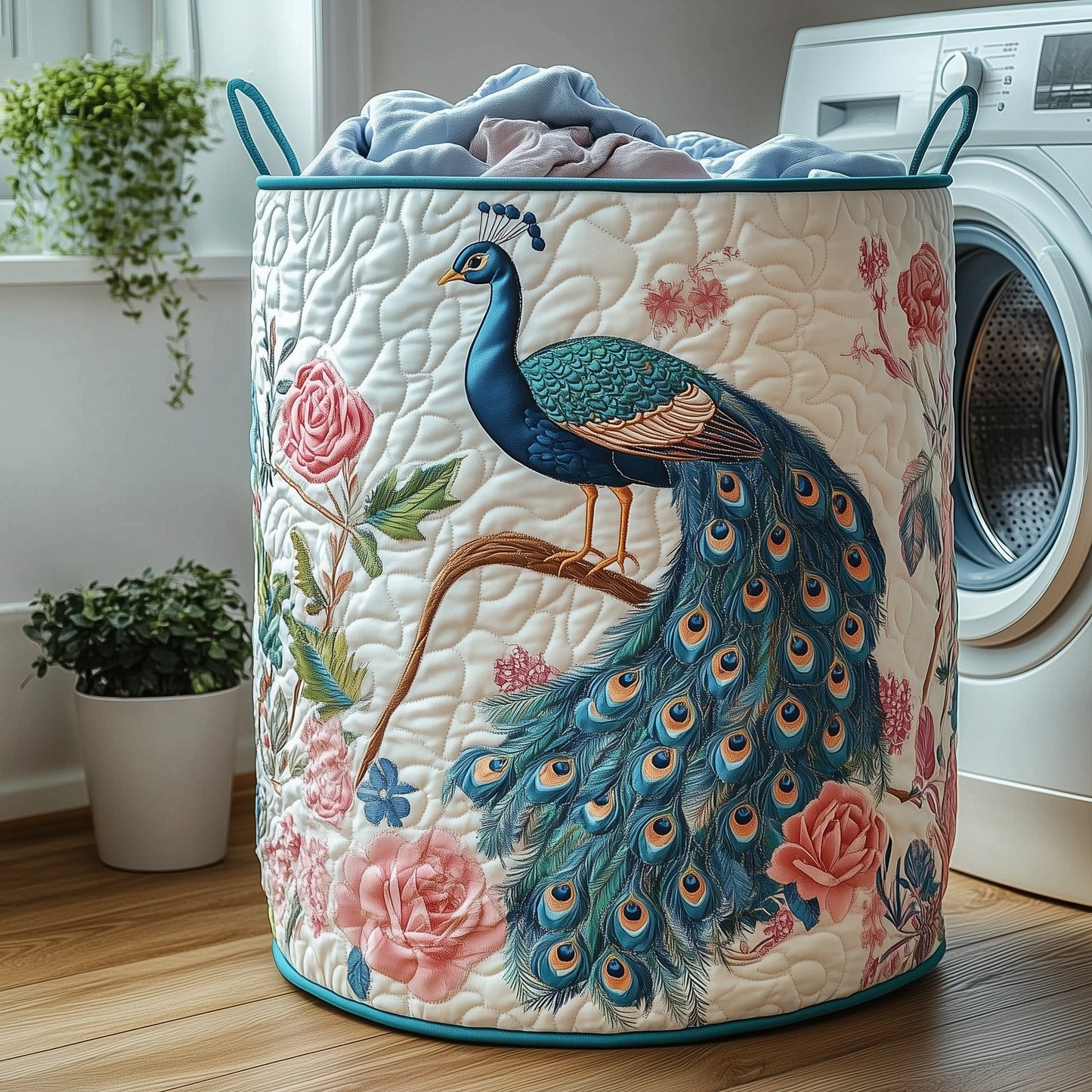 Elegant Peacock Quilted Laundry Basket GFTOHD10182