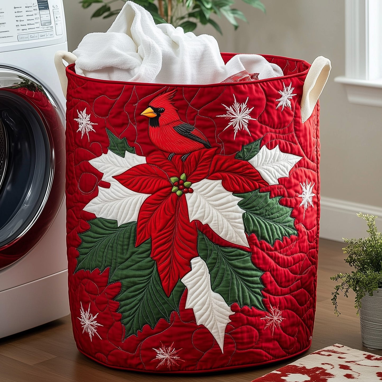 Poinsettia Cardinal Quilted Laundry Basket GFTOHD10189