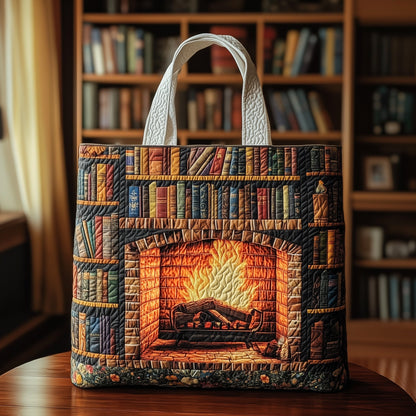 Cozy Fireplace Bookself Quilted Tote Bag GFTOHD10425