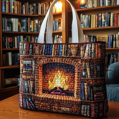 Cozy Fireplace Bookself Quilted Tote Bag GFTOHD10426