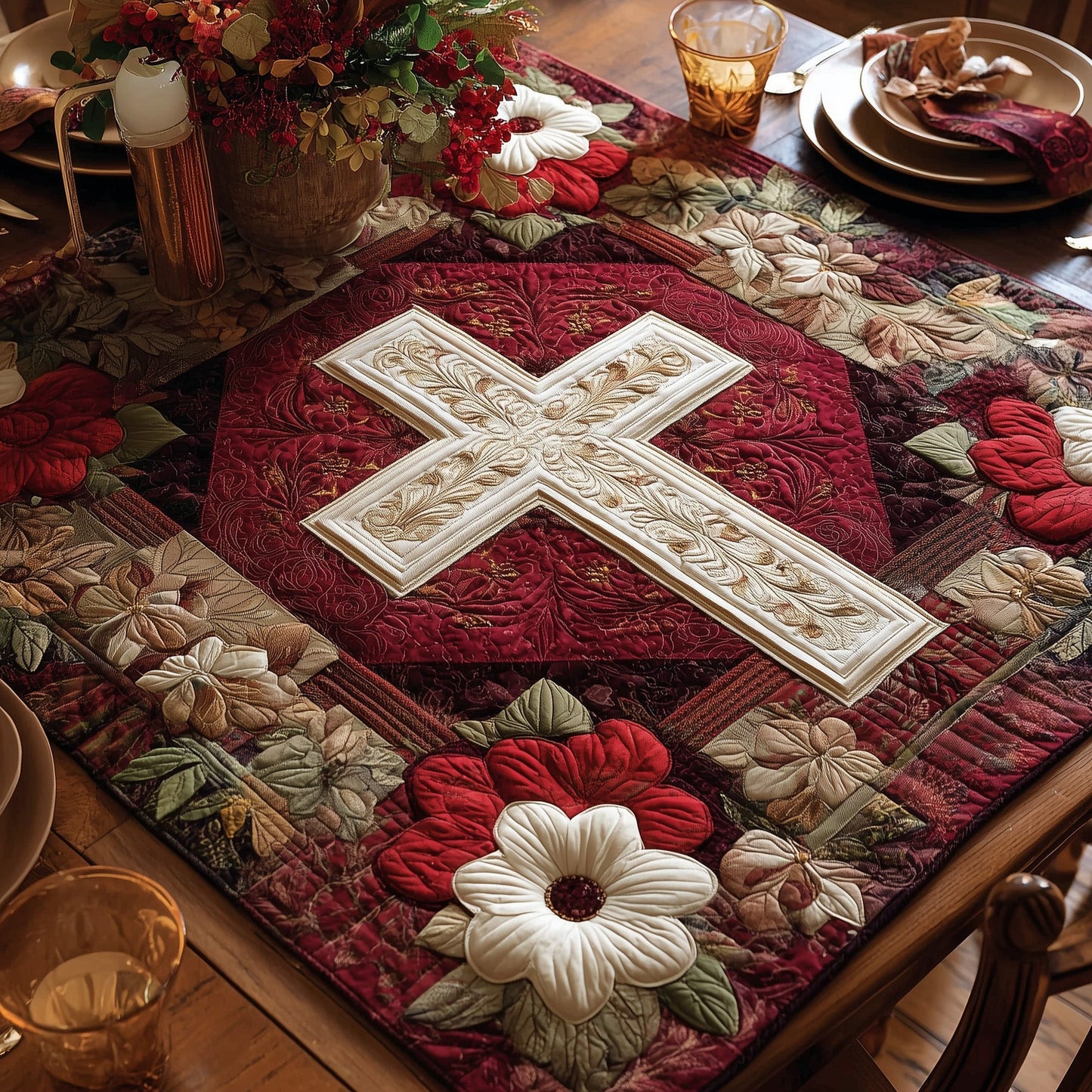 Graceful Cross Quilted Table Topper GFTOHD10603