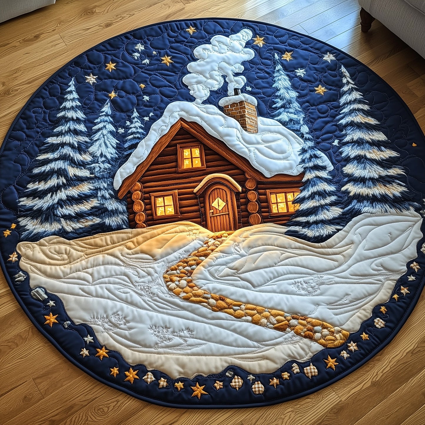Peaceful Snow Cabin Quilted Round Mat GFTOHD10635