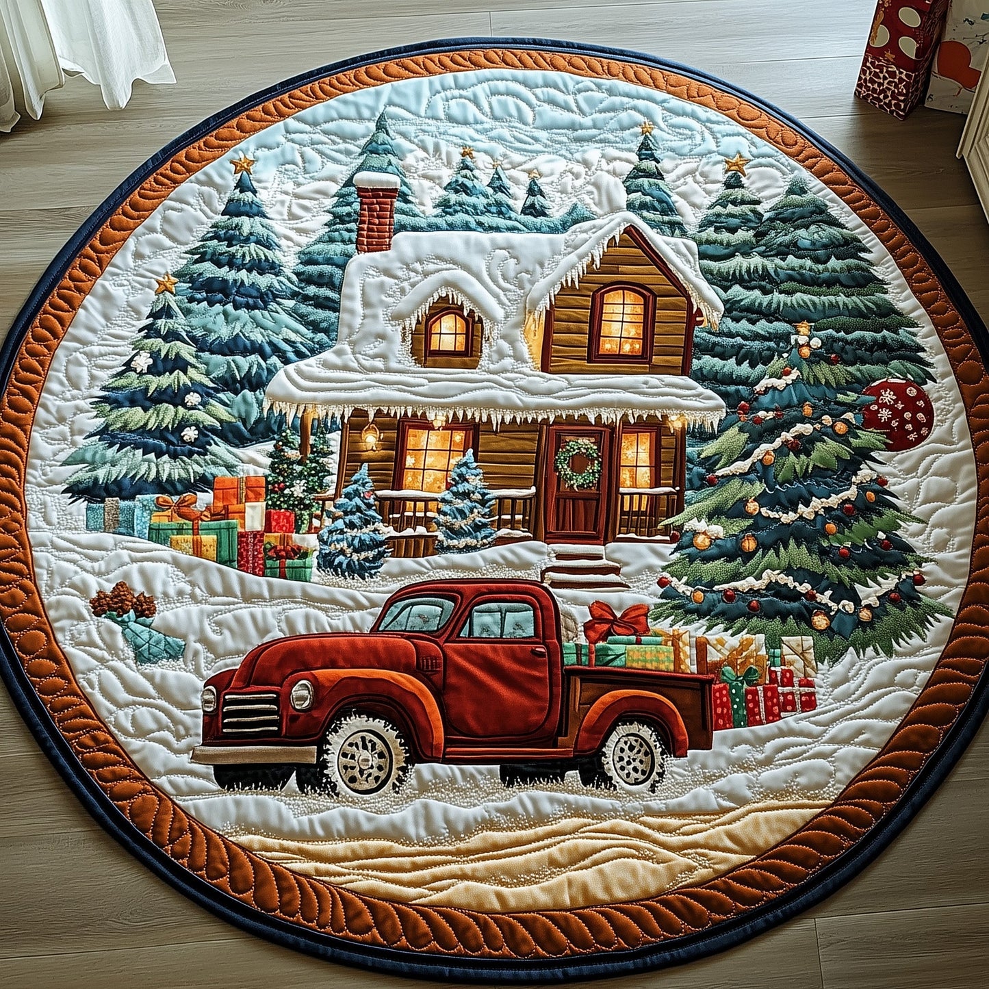 Peaceful Snow Cabin Quilted Round Mat GFTOHD10639
