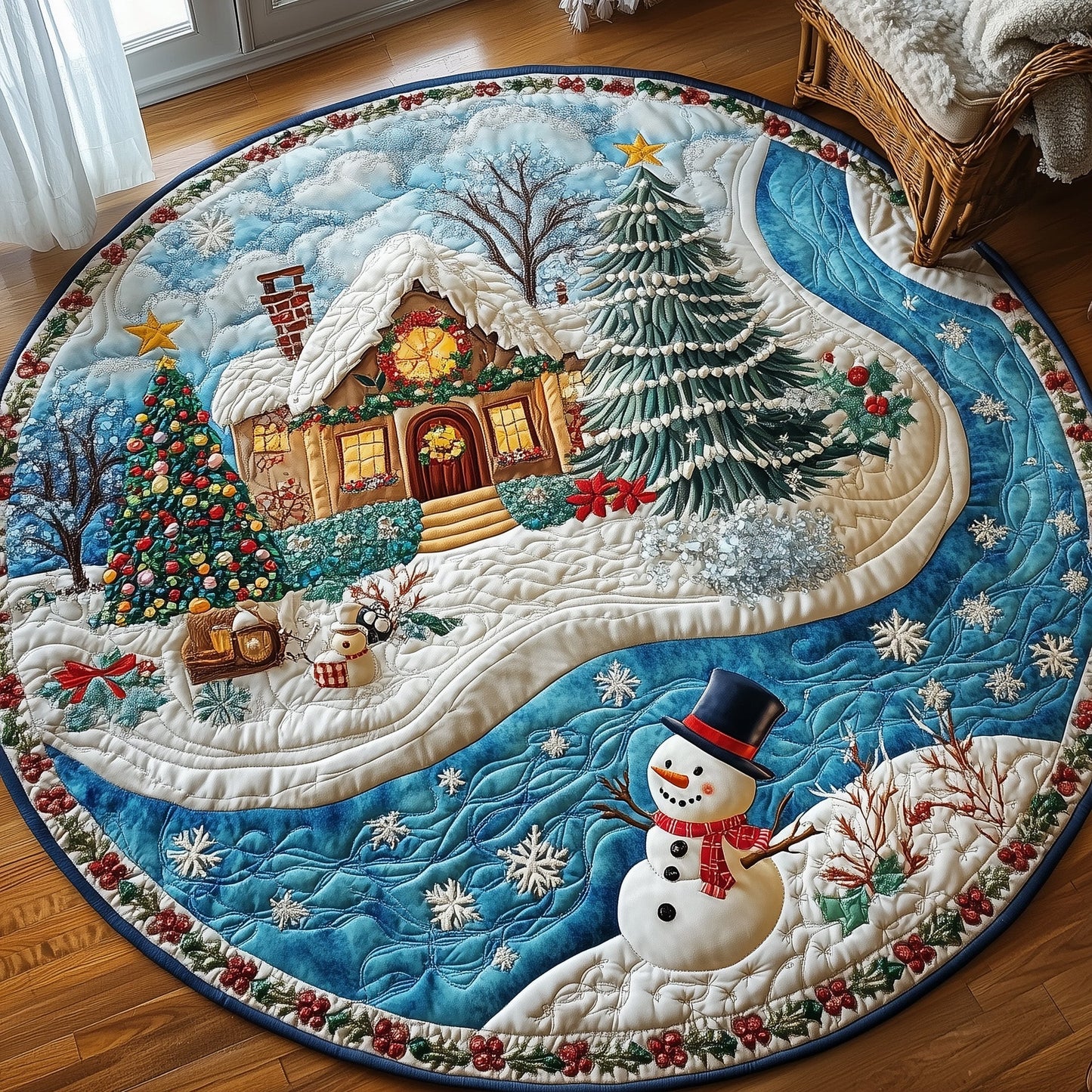 Peaceful Snow Cabin Quilted Round Mat GFTOHD10643