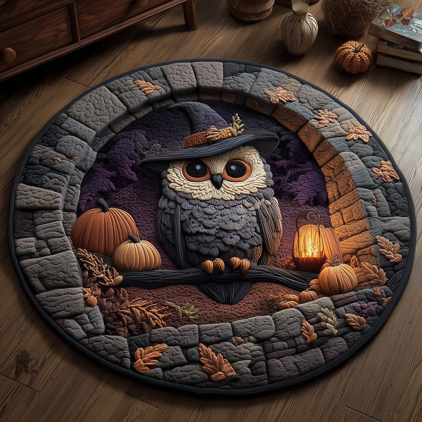 Halloween Witch Owl Quilted Round Mat GFTOHD11404